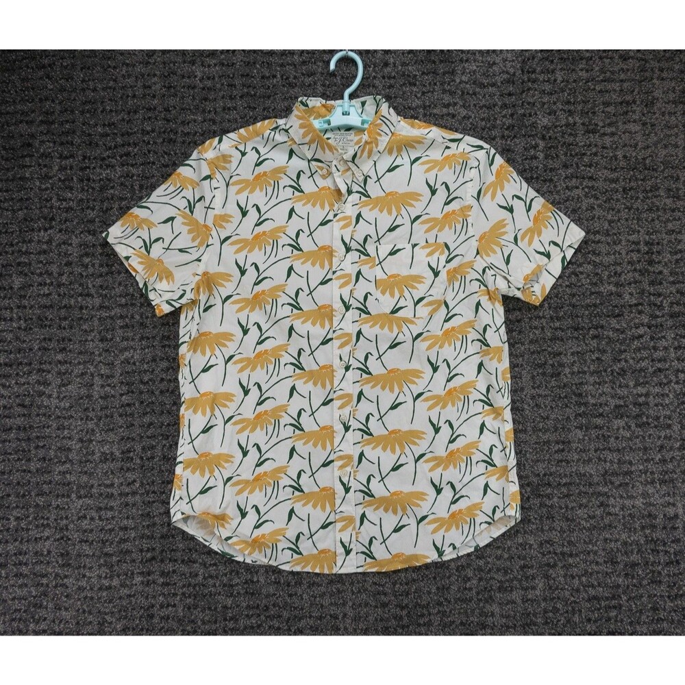 J Crew Shirt Mens Large White Floral Print Classic Stretch Short Sleeve Casual